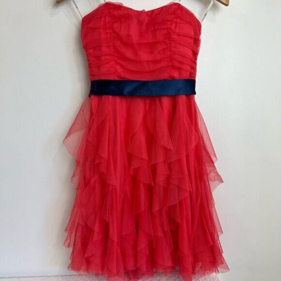 Tease Me Juniors Size 5 Pink Coral Mini Strapless Dress Blue Tie Prom Gown Tutu - Picture 4 of 10